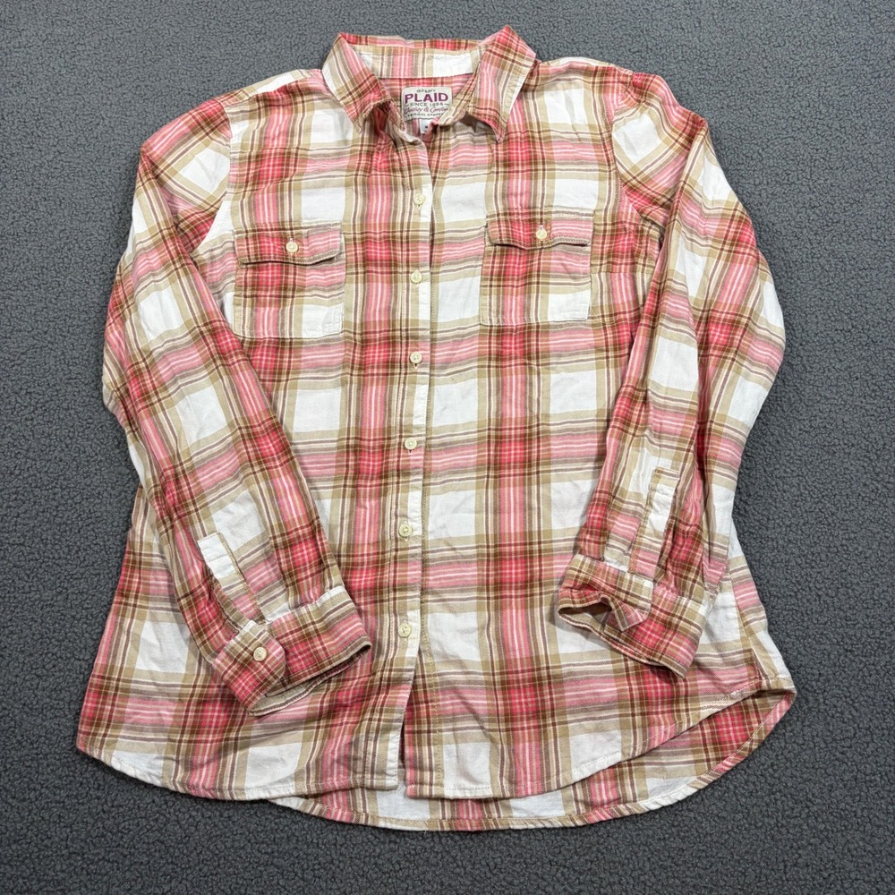 Old Navy Flannel Shirt Womens M Pink White Plaid Long Sleeve Button Up 647113-05